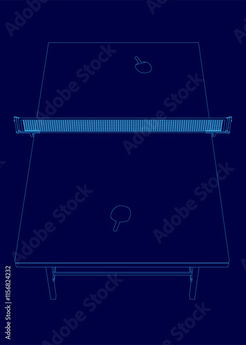Blue image of a ping pong table with a net. The table is empty and the net is in the middle of the table