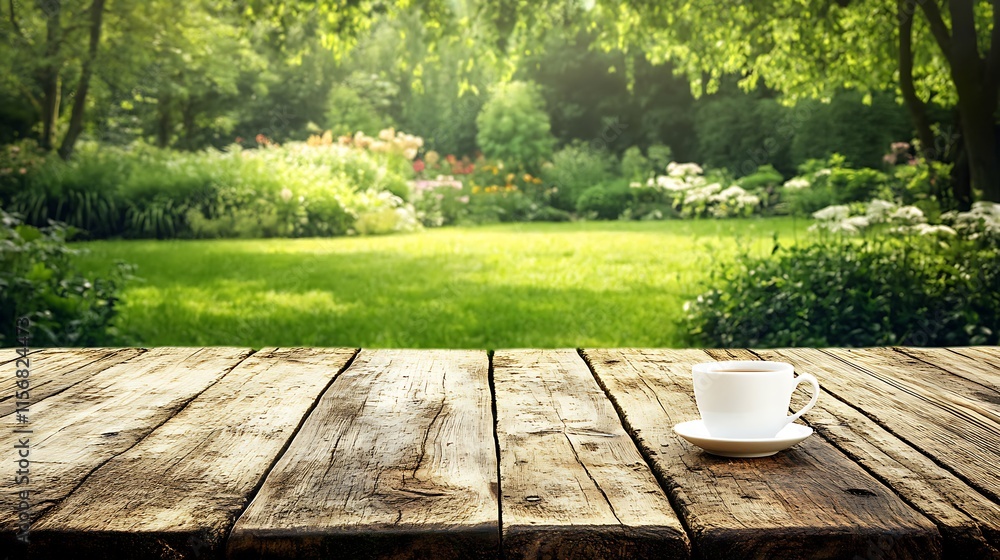 Fototapeta premium Serene Morning Coffee: Photo, Wide Shot of Rustic Table in Lush Garden. AI Generated
