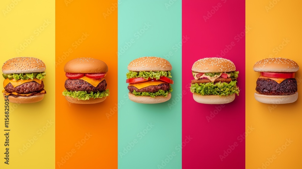 Row of hamburgers with different toppings and sauces. The hamburgers are arranged in a row on a colorful background Row of hamburgers with different toppings and sauces. The hamburgers are arranged in a row on a colorful background