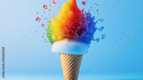 Vibrant and colorful ice cream cone filled with rainbow sprinkles and ice cubes. The ice cream is melting and the sprinkles are falling off, creating a playful and fun atmosphere photo