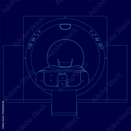 Blue drawing of a medical imaging machine. The drawing is of a person sitting inside the machine