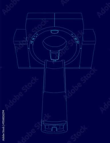 Blue drawing of a medical imaging machine. The drawing is of a person sitting inside the machine
