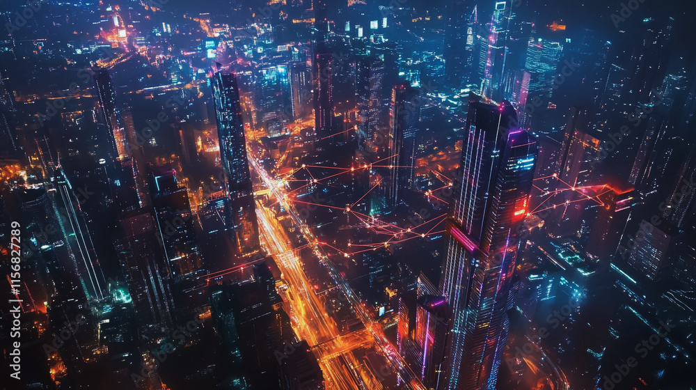 Fototapeta premium Smart digital Innovation city with connection network reciprocity over the cityscape. of future smart wireless city and social media networking systems that connects business people with in city