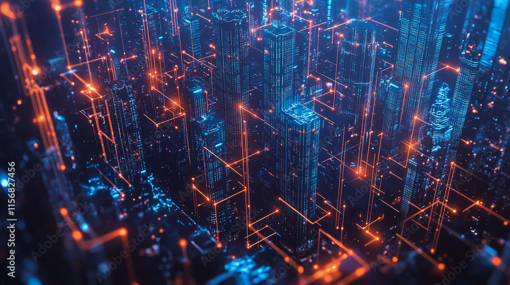 Fototapeta premium Smart digital Innovation city with connection network reciprocity over the cityscape. of future smart wireless city and social media networking systems that connects business people with in city