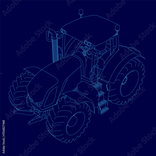 Blue drawing of a tractor. The tractor is shown in a blue drawing