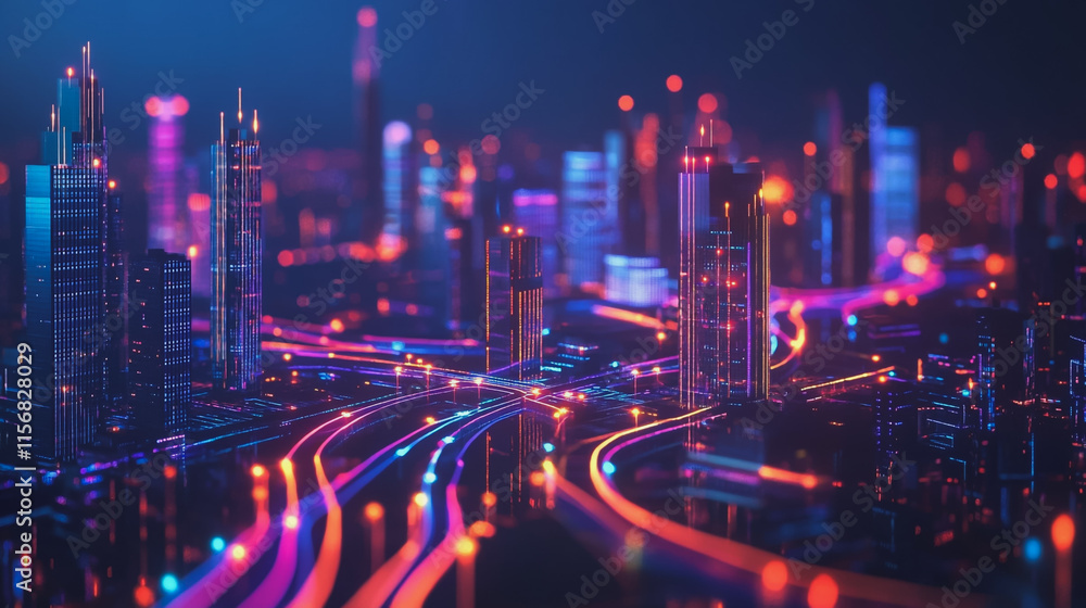 Fototapeta premium Smart digital Innovation city with connection network reciprocity over the cityscape. of future smart wireless city and social media networking systems that connects business people with in city