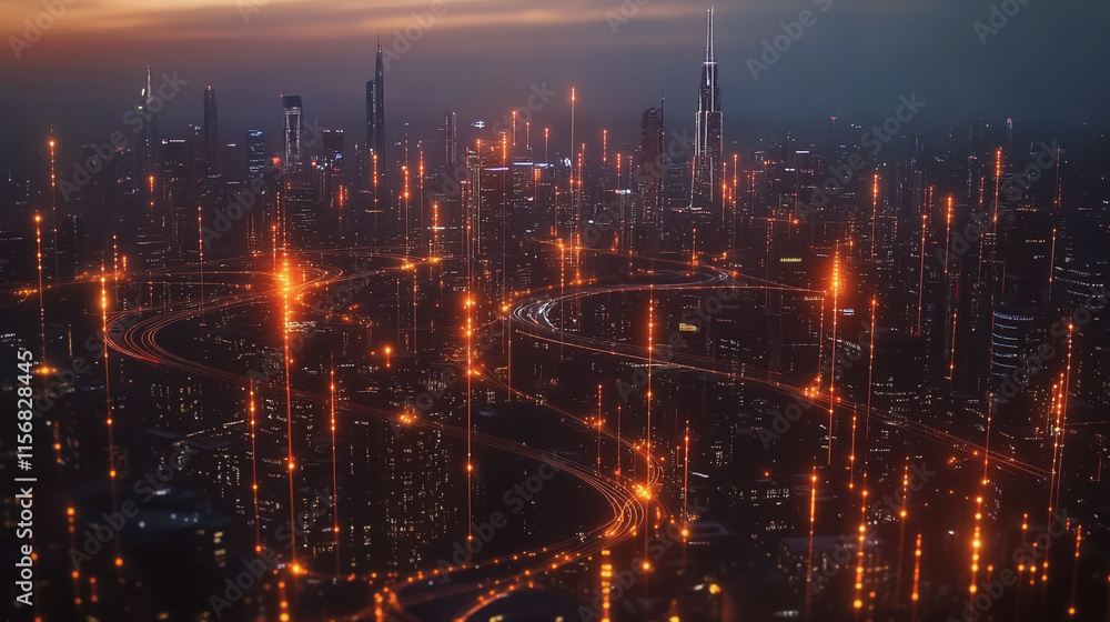 Fototapeta premium Smart digital Innovation city with connection network reciprocity over the cityscape. of future smart wireless city and social media networking systems that connects business people with in city