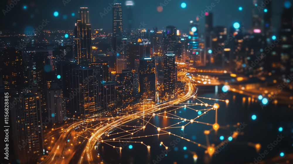 Smart digital Innovation city with connection network reciprocity over the cityscape. of future smart wireless city and social media networking systems that connects business people with in city Smart digital Innovation city with connection network reciprocity over the cityscape. of future smart wireless city and social media networking systems that connects business people with in city