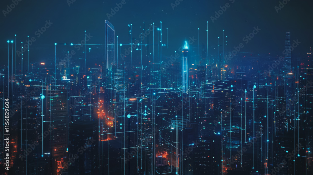 Fototapeta premium Smart digital Innovation city with connection network reciprocity over the cityscape. of future smart wireless city and social media networking systems that connects business people with in city