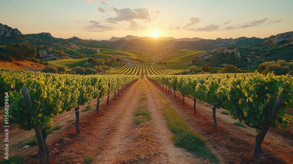 Fototapeta premium Vineyard rows at sunset, idyllic landscape.