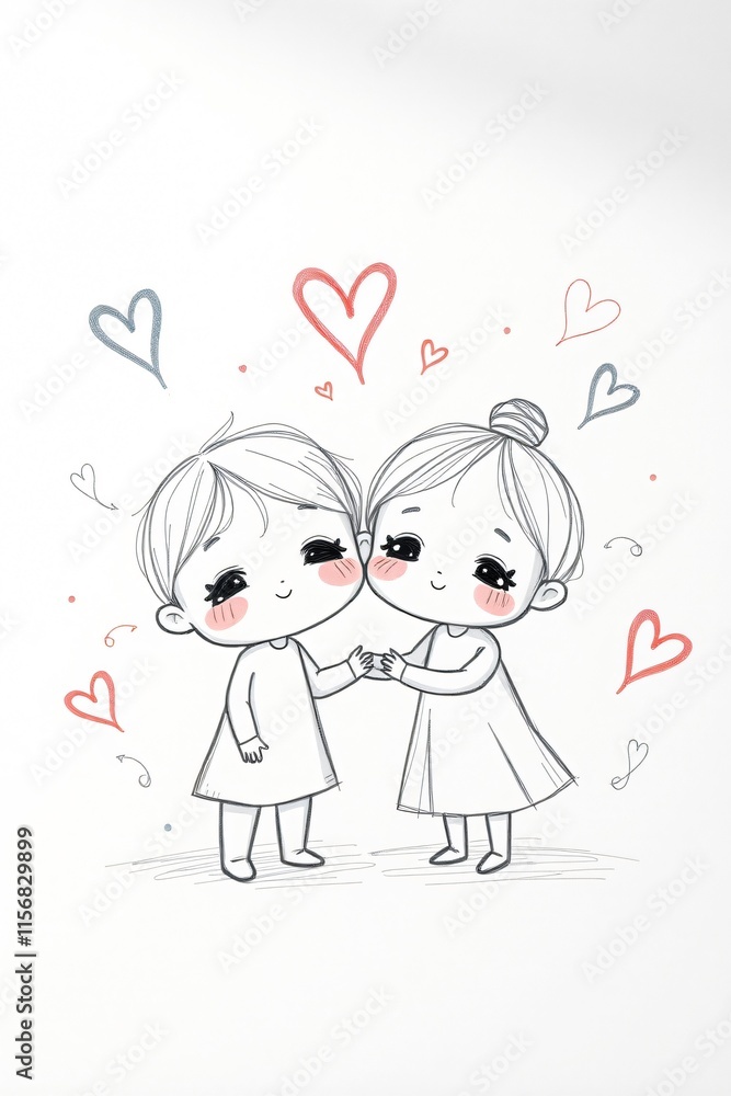 Adorable illustration of two cute girls holding hands, surrounded by hearts, symbolizing friendship and love. Adorable illustration of two cute girls holding hands, surrounded by hearts, symbolizing friendship and love.