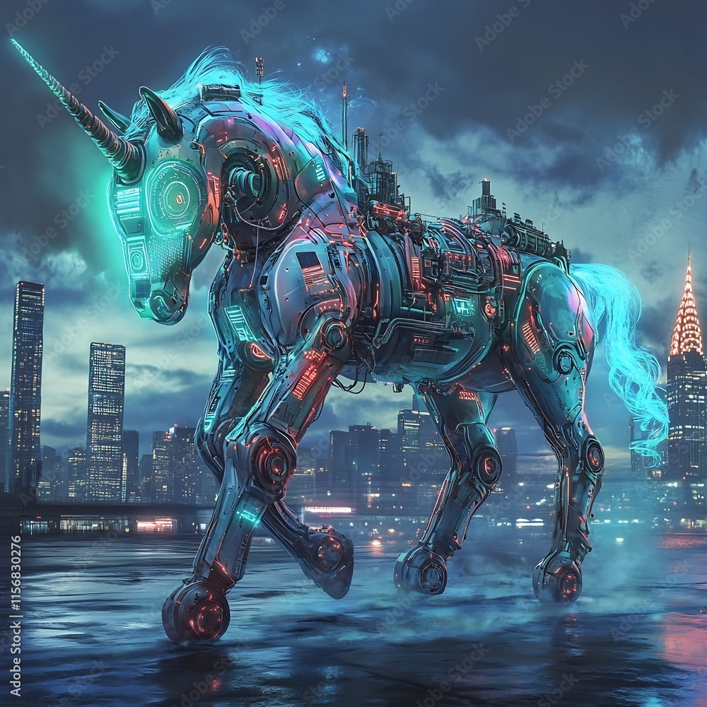 Naklejka premium Glowing Mechanical Stallion Stands Guard Over a Neon Lit Dystopian City Skyline