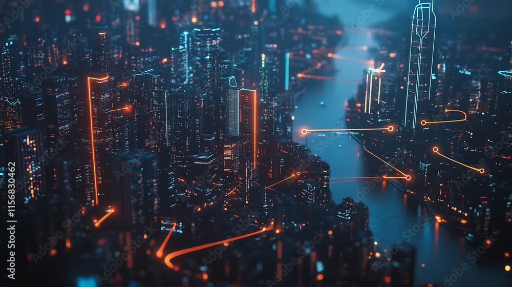 Obraz premium Smart digital Innovation city with connection network reciprocity over the cityscape. of future smart wireless city and social media networking systems that connects business people with in city