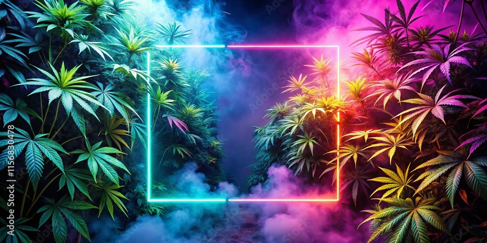 Abstract Neon Cannabis Grow Room: Symmetrical Light Frame & Smoke Abstract Neon Cannabis Grow Room: Symmetrical Light Frame & Smoke