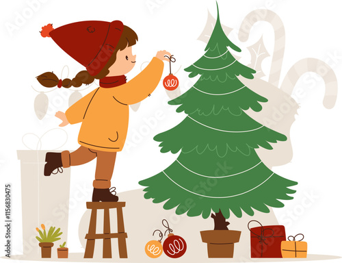 Illustration of a child in winter clothing decorating a Christmas tree with ornaments, surrounded by gifts and festive decor. Child Decorating Christmas Tree with Ornaments