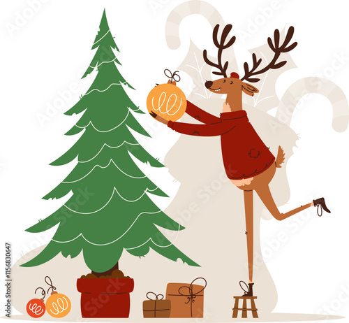 Festive illustration of a reindeer in a red sweater placing an ornament on a Christmas tree, surrounded by gifts and baubles. Reindeer Decorating Christmas Tree with Ornament