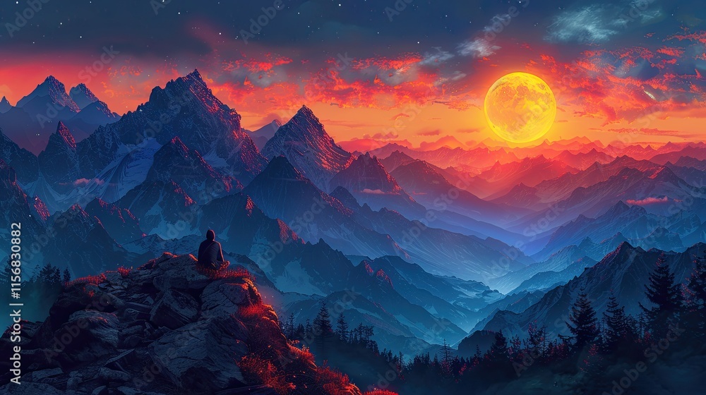flat design, illustration, The Mountain of Dreams: A brave traveler ventures into the mountains to find peace flat design, illustration, The Mountain of Dreams: A brave traveler ventures into the mountains to find peace