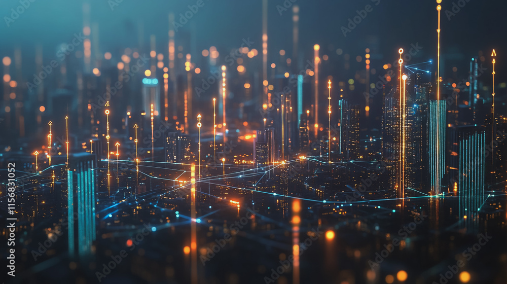Fototapeta premium Smart digital Innovation city with connection network reciprocity over the cityscape. of future smart wireless city and social media networking systems that connects business people with in city