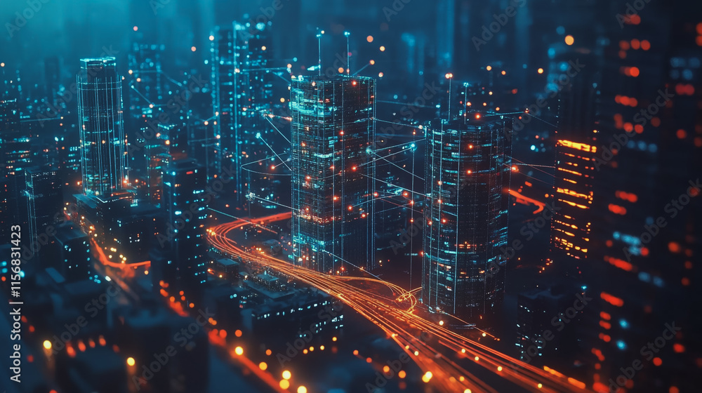 Obraz premium Smart digital Innovation city with connection network reciprocity over the cityscape. of future smart wireless city and social media networking systems that connects business people with in city
