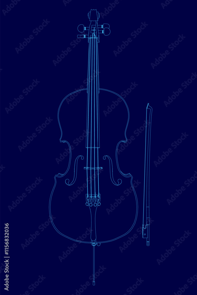 Fototapeta premium Blue image of a cello with a blue outline. The cello is shown in a stylized way, with the strings and the neck of the instrument visible. Concept of elegance and sophistication