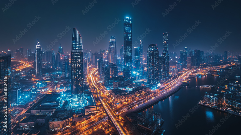 Fototapeta premium Smart digital Innovation city with connection network reciprocity over the cityscape. of future smart wireless city and social media networking systems that connects business people with in city