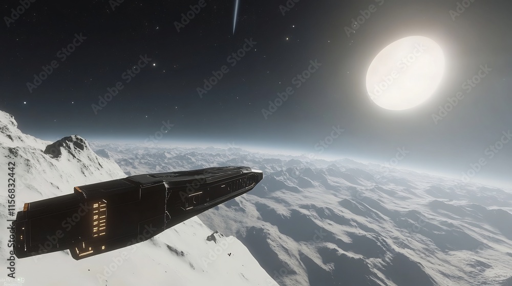 Fototapeta premium Futuristic Spacecraft Hovering Above Ethereal Alien Planet in Vast Cosmic Landscape