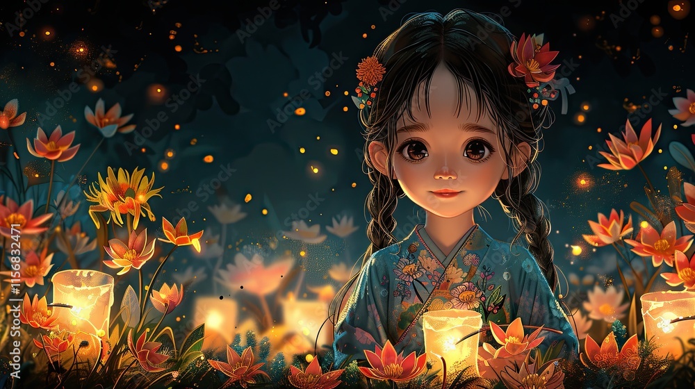 flat design, illustration, The Loy Krathong Festival: A young girl floats her first krathong flat design, illustration, The Loy Krathong Festival: A young girl floats her first krathong