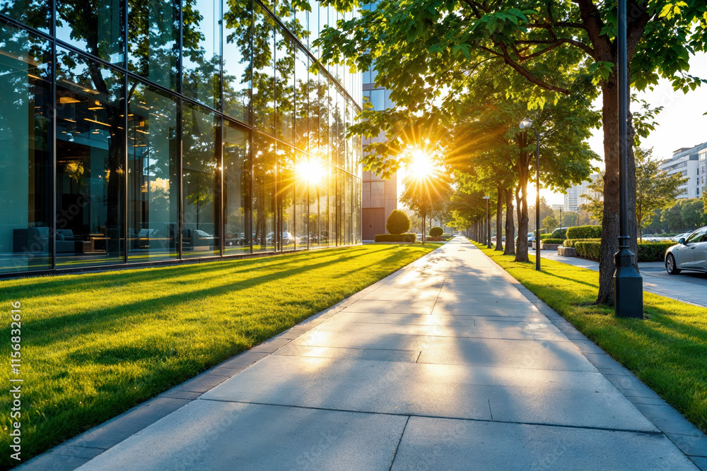 Modern Urban Sidewalk with Glass Building and Trees in Sunset Light. Modern Urban Sidewalk with Glass Building and Trees in Sunset Light.