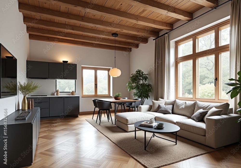Fototapeta premium luxury cozy apartment interior living room with skandinavian elements and kitchen with parquet floor and ceiling with beams of coniferous wood and big windows