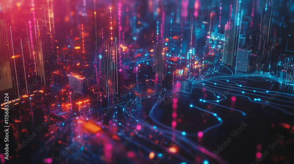 Fototapeta premium Smart digital Innovation city with connection network reciprocity over the cityscape. of future smart wireless city and social media networking systems that connects business people with in city