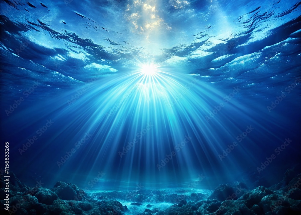 Fototapeta premium Abstract Underwater Scene: Dark Blue Background with Light Rays, Dramatic Ocean Depth Stock Photo