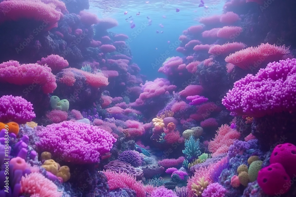Fototapeta premium Vibrant Underwater Coral Reef Ecosystem in Surreal Fantasy Landscape