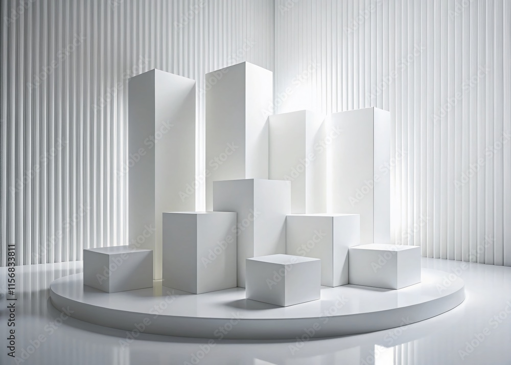 Abstract White 3D Geometric Forms, Volumetric Podiums, Minimalist Product Display Background Abstract White 3D Geometric Forms, Volumetric Podiums, Minimalist Product Display Background