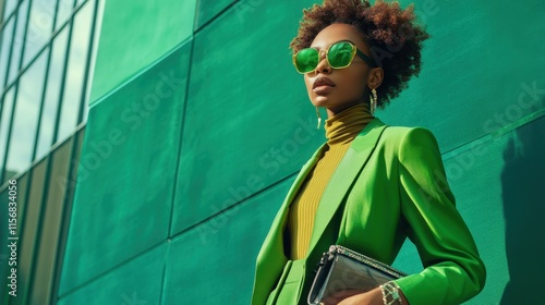Fashionable Woman Wearing Green Outfit Holding Stylish Purse