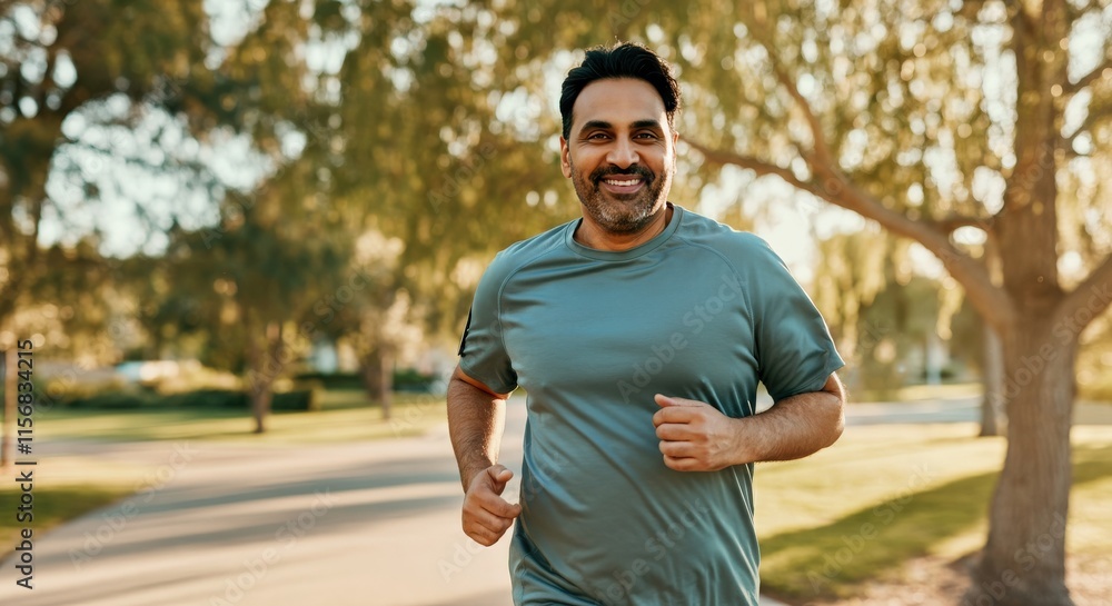 Obraz premium Hispanic male jogging in park during autumn afternoon for fitness and health