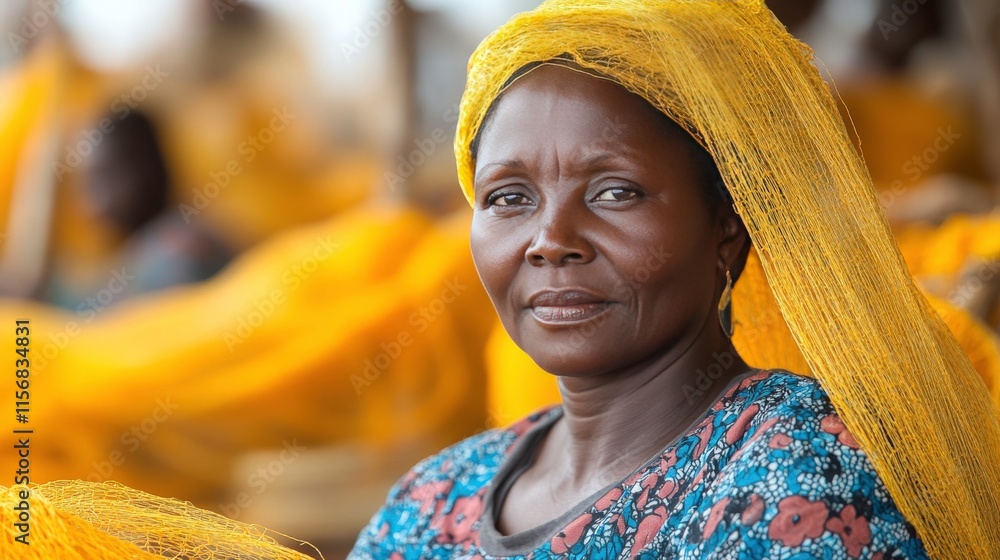 Portrait of a Woman Wearing a Yellow Headscarf Against a Vibrant Background, Reflecting Culture, Strength, and Community Spirit in Traditional Setting Portrait of a Woman Wearing a Yellow Headscarf Against a Vibrant Background, Reflecting Culture, Strength, and Community Spirit in Traditional Setting