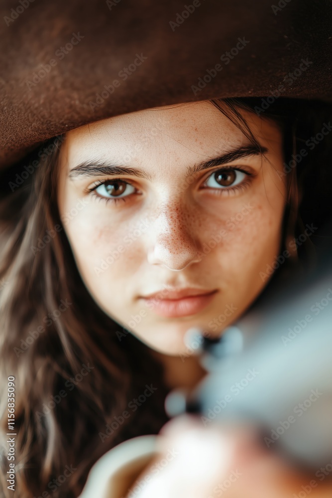 Close-up portrait of a young woman with an intense gaze, wearing a rustic brown hat, her freckles and natural features enhanced by soft lighting and a muted, warm-toned background Close-up portrait of a young woman with an intense gaze, wearing a rustic brown hat, her freckles and natural features enhanced by soft lighting and a muted, warm-toned background