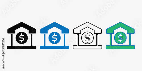 Bank Icon Vector. Bank front building illustration icon set. Bank building icon. Home Loan Icon.