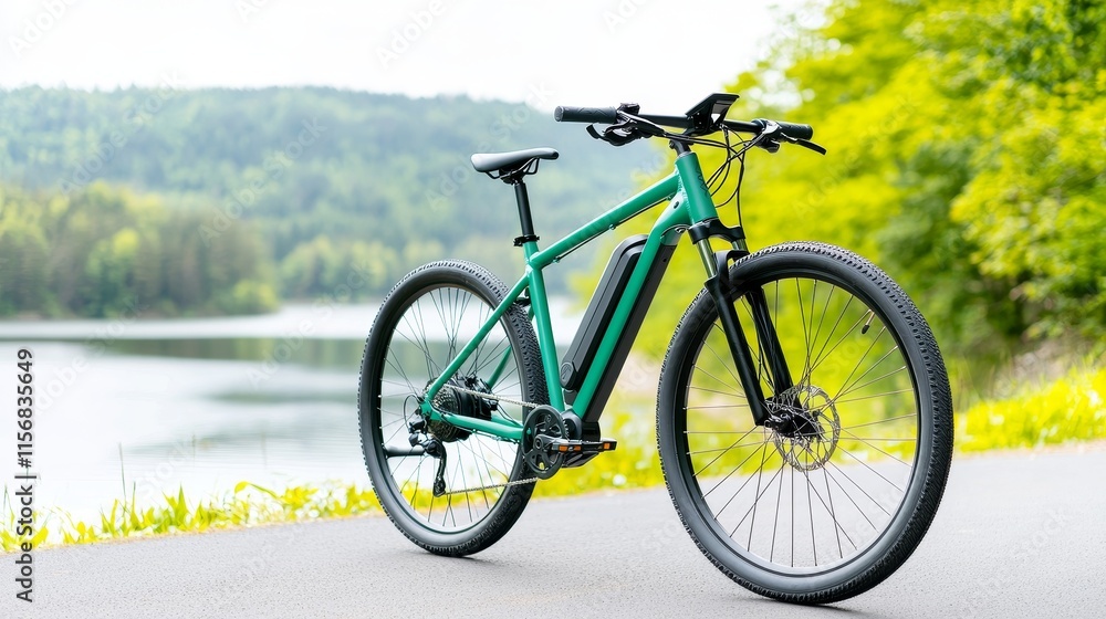 Fototapeta premium Experience the thrill of an electric bike adventure, traversing lively landscapes and curving trails, breathing in fresh air, and embracing eco-friendly travel as you explore urban settings and