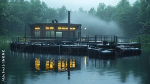 Serene Morning Scene of a Floating House Surrounded by Misty Forest Reflections on Calm Water, Capturing Tranquility and Nature's Beauty