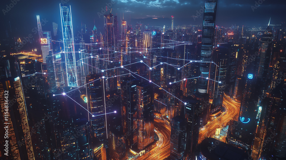 Fototapeta premium Smart digital Innovation city with connection network reciprocity over the cityscape. of future smart wireless city and social media networking systems that connects business people with in city
