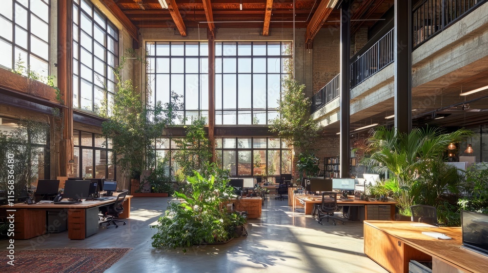Bright open office with shared desks, greenery, and natural light flooding through large glass windows Bright open office with shared desks, greenery, and natural light flooding through large glass windows