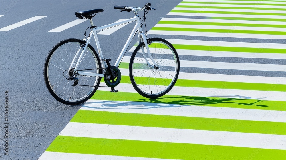 In an urban environment, a bicycle is left on a green cycling path, demonstrating advanced traffic management technologies. In an urban environment, a bicycle is left on a green cycling path, demonstrating advanced traffic management technologies.
