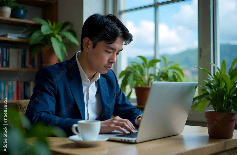 A Focused Young Professional Engaged in Work Within a Modern and Stylish Office Space