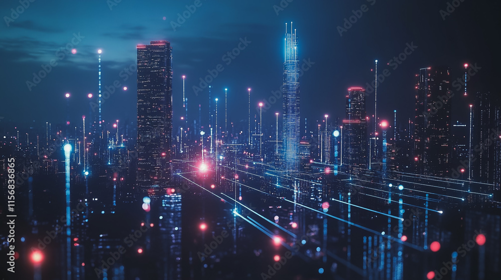 Smart digital Innovation city with connection network reciprocity over the cityscape. of future smart wireless city and social media networking systems that connects business people with in city Smart digital Innovation city with connection network reciprocity over the cityscape. of future smart wireless city and social media networking systems that connects business people with in city