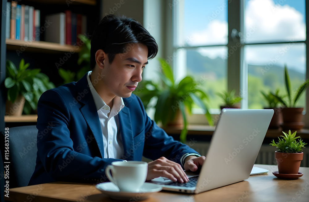 A Focused Young Professional Engaged in Work Within a Modern and Stylish Office Space