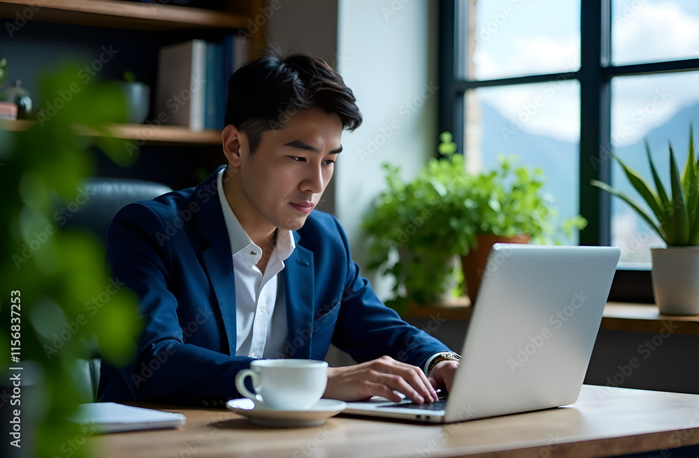A Focused Young Professional Engaged in Work Within a Modern and Stylish Office Space