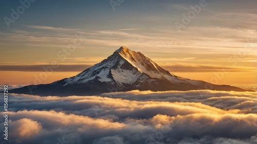 A mountain peak rising above the clouds, with a golden sunrise casting warm light, symbolizing reaching life goals and aspirations.