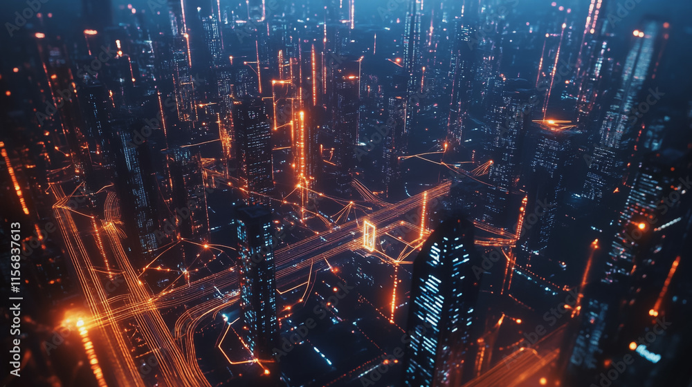 Obraz premium Smart digital Innovation city with connection network reciprocity over the cityscape. of future smart wireless city and social media networking systems that connects business people with in city