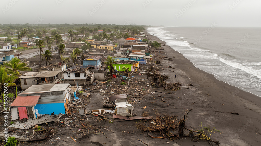 Aerial view of coastal town after hurricane, with uprooted trees, destroyed homes, and debris scattered across the beach, capturing the devastating aftermath of the storm. Aerial view of coastal town after hurricane, with uprooted trees, destroyed homes, and debris scattered across the beach, capturing the devastating aftermath of the storm.